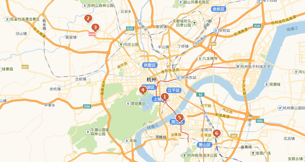 杭州关键地点地图，标出杭州站、良渚遗址公园、良渚博物院、西湖、怡莱酒店和杭州南站