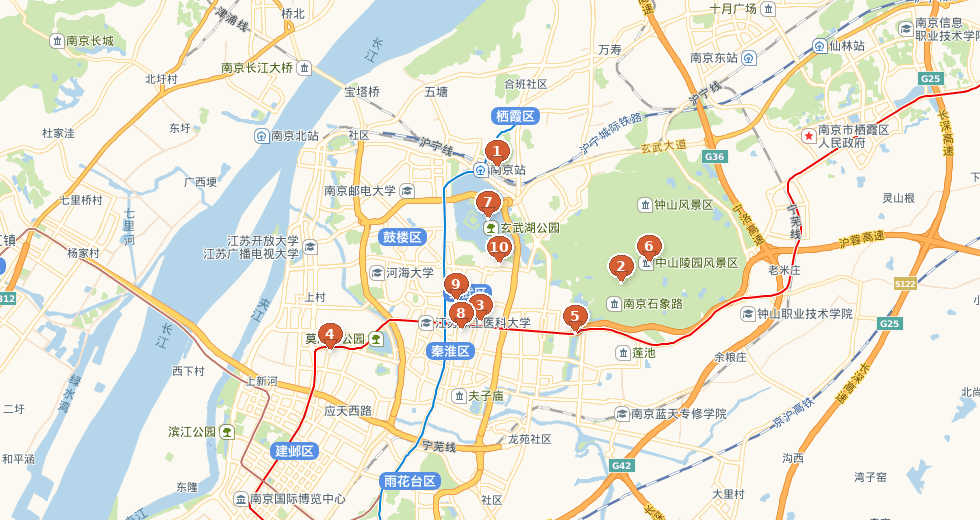 南京关键地点地图，标出南京站、梧桐大道、总统府、遇难同胞纪念馆、南京博物馆、中山陵、玄武湖、新街口、汉庭酒店和鸡鸣寺